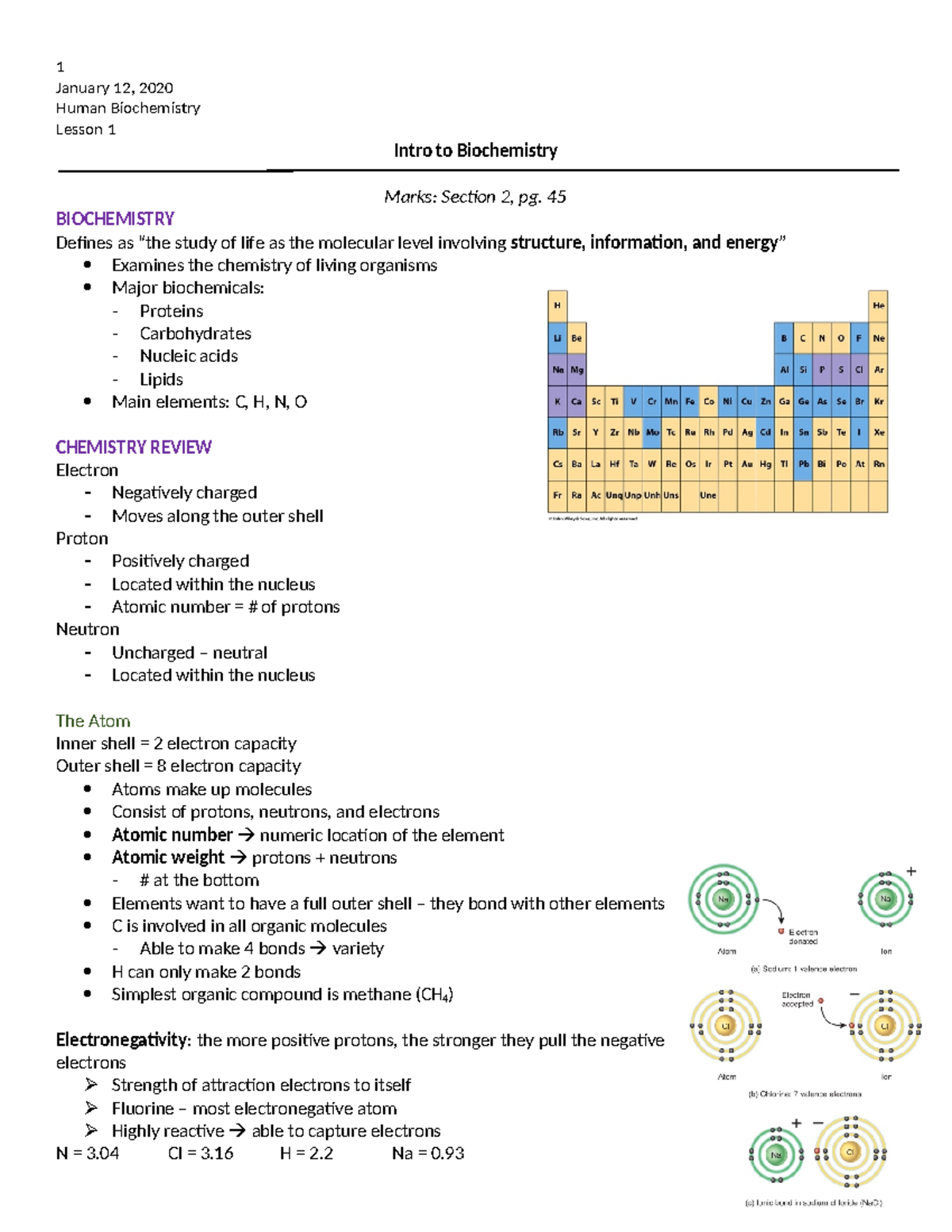 01 Intro to Biochem - HTHSCI 1LL3 - 1 January 12, 2020 Human ...