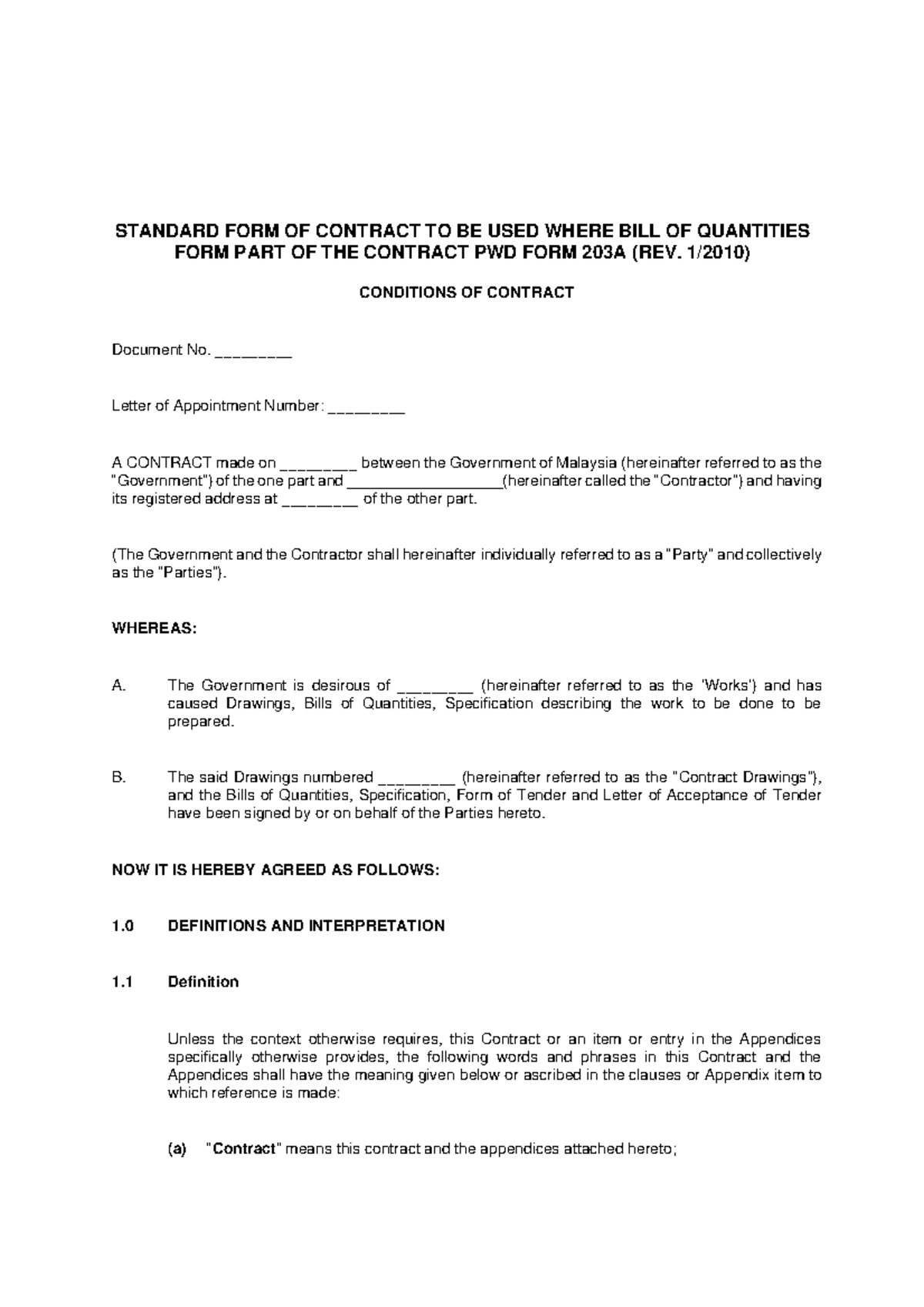 PWD Form 203A: Standard Contract for Bill of Quantities - Studocu