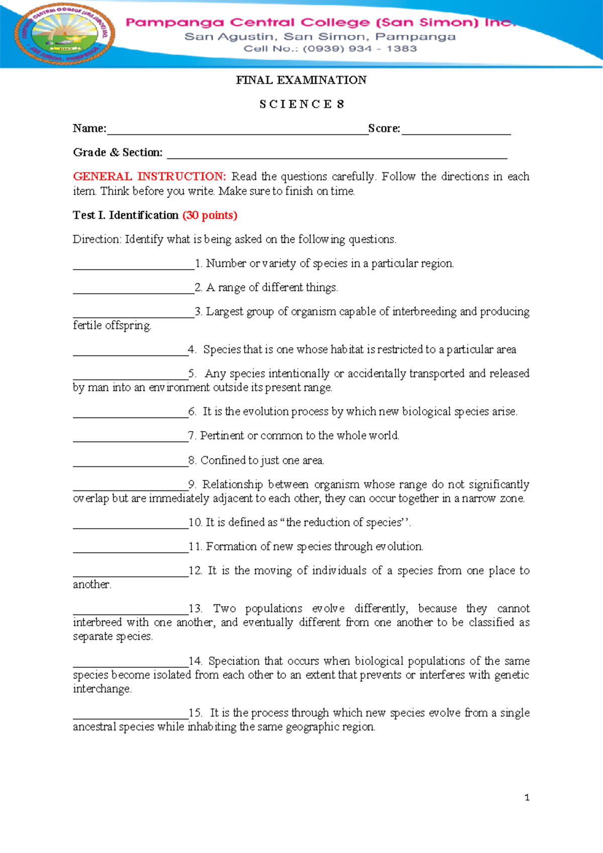 Final Science 8 - FINAL EXAMINATION S C I E N C E 8 Name ...