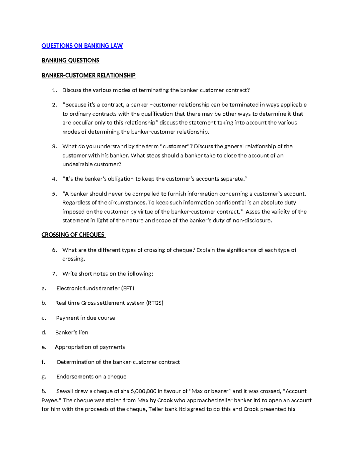 Banking Law Quiz Questions: Exploring Banker-Customer Relations and ...