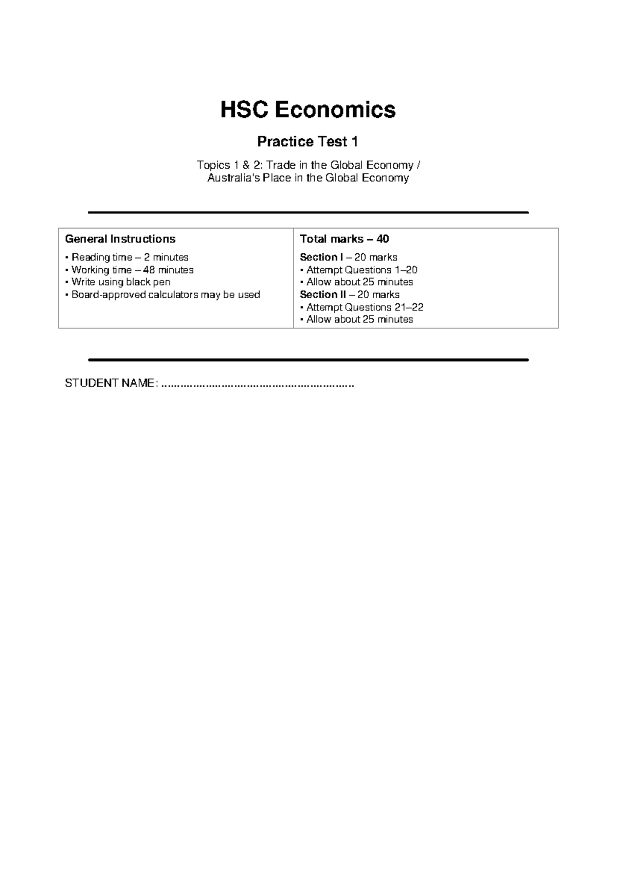 HSC Economics Practice Test 1: Trade in the Global Economy - Studocu