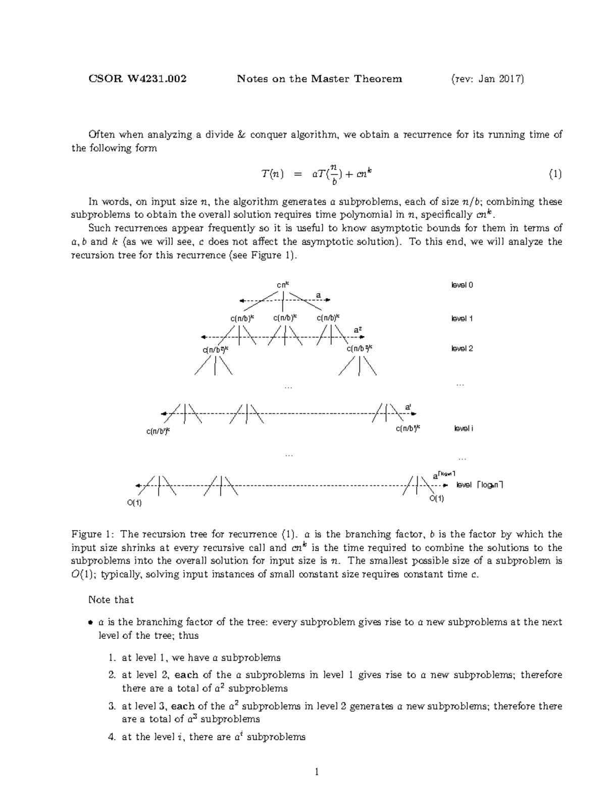 CSOR W4231.002 Master Theorem Analysis Notes (Rev: Jan 2017) - Studocu