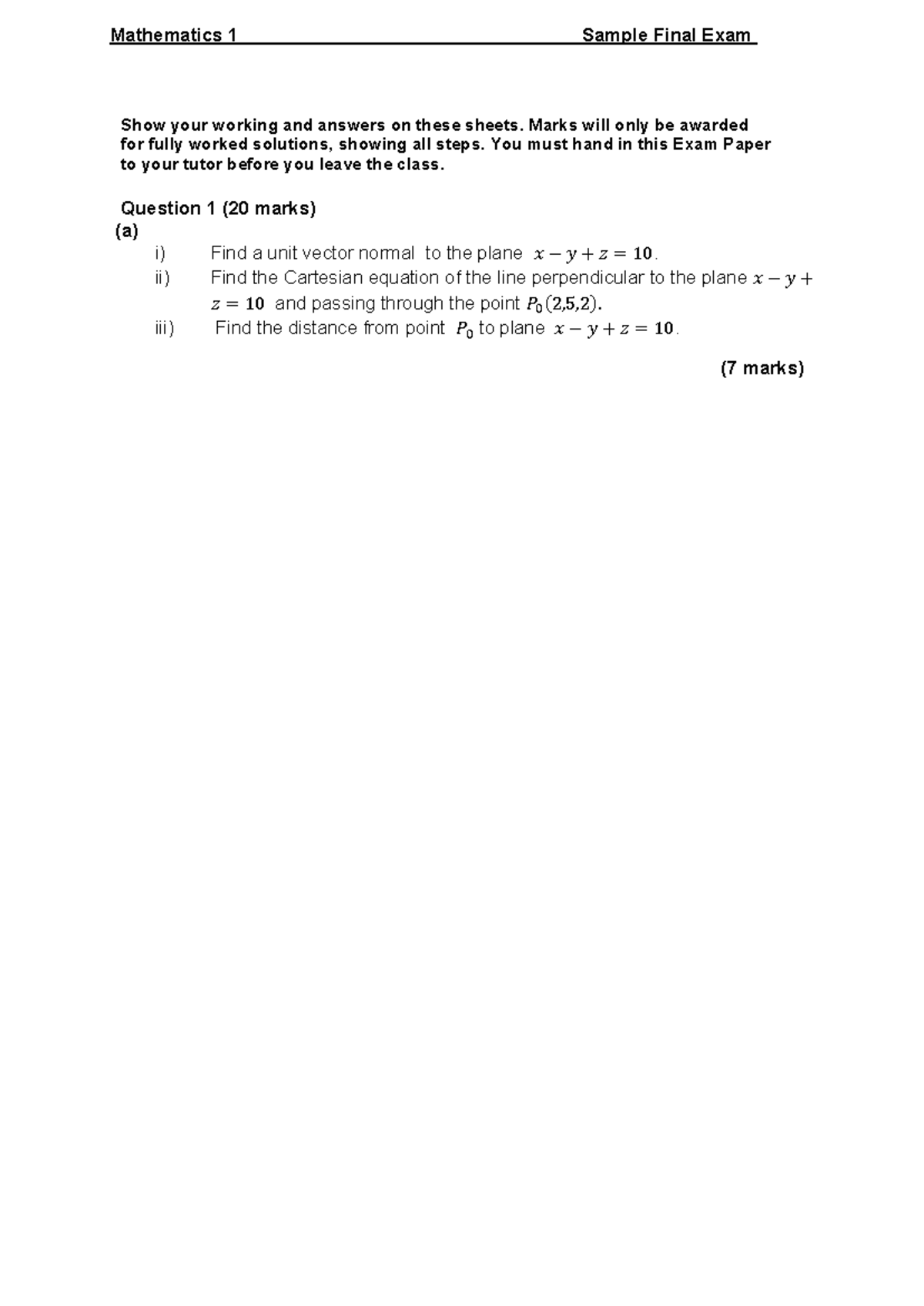M1 Final Exam Sample Paper: Mathematics 1 Practice Questions - Studocu