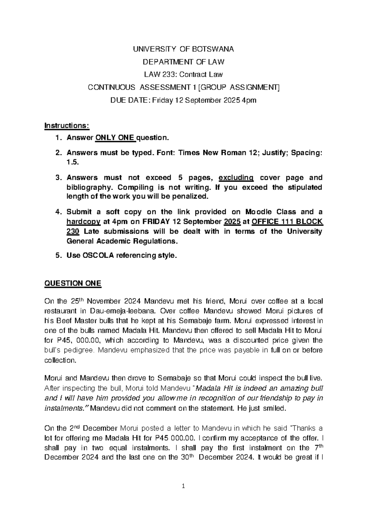 CA 1 - LAW 233: Contract Law Continuous Assessment Guidelines - Studocu