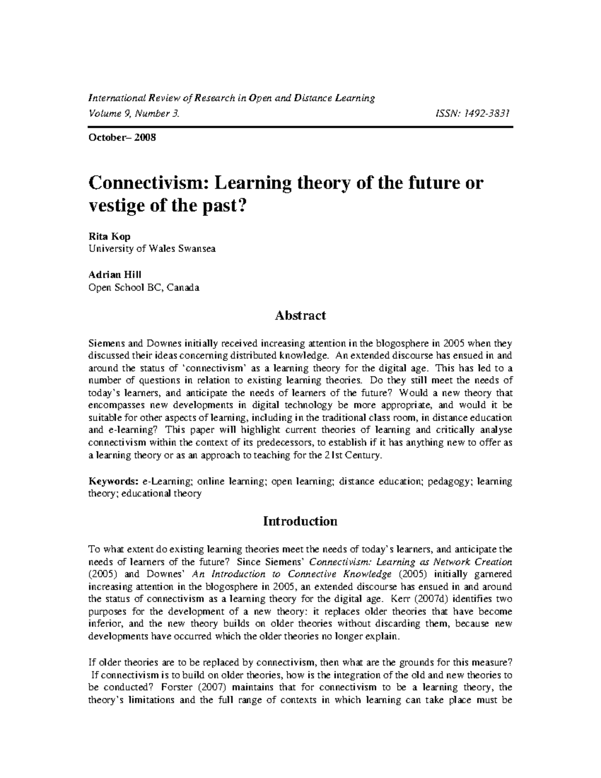 Connectivism: Future Learning Theory or Past Vestige? (Volume 9, No. 3 ...