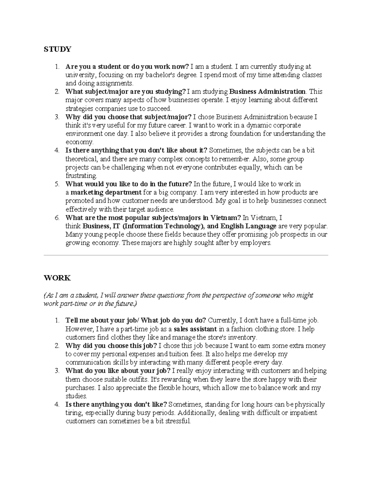 Speaking Part 1 - ABC: Student Life and Work Experiences - Studocu