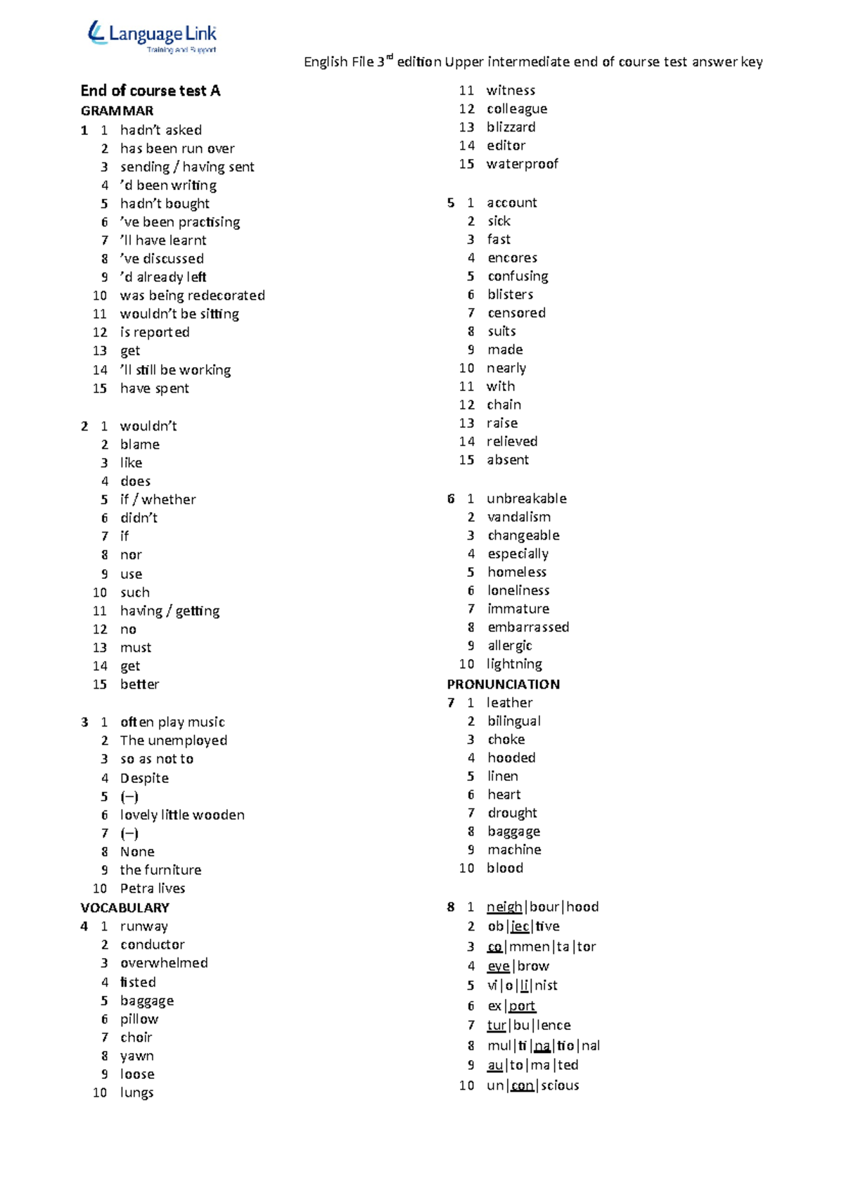 English File 3rd Edition Upper Intermediate End of Course Test Answer ...