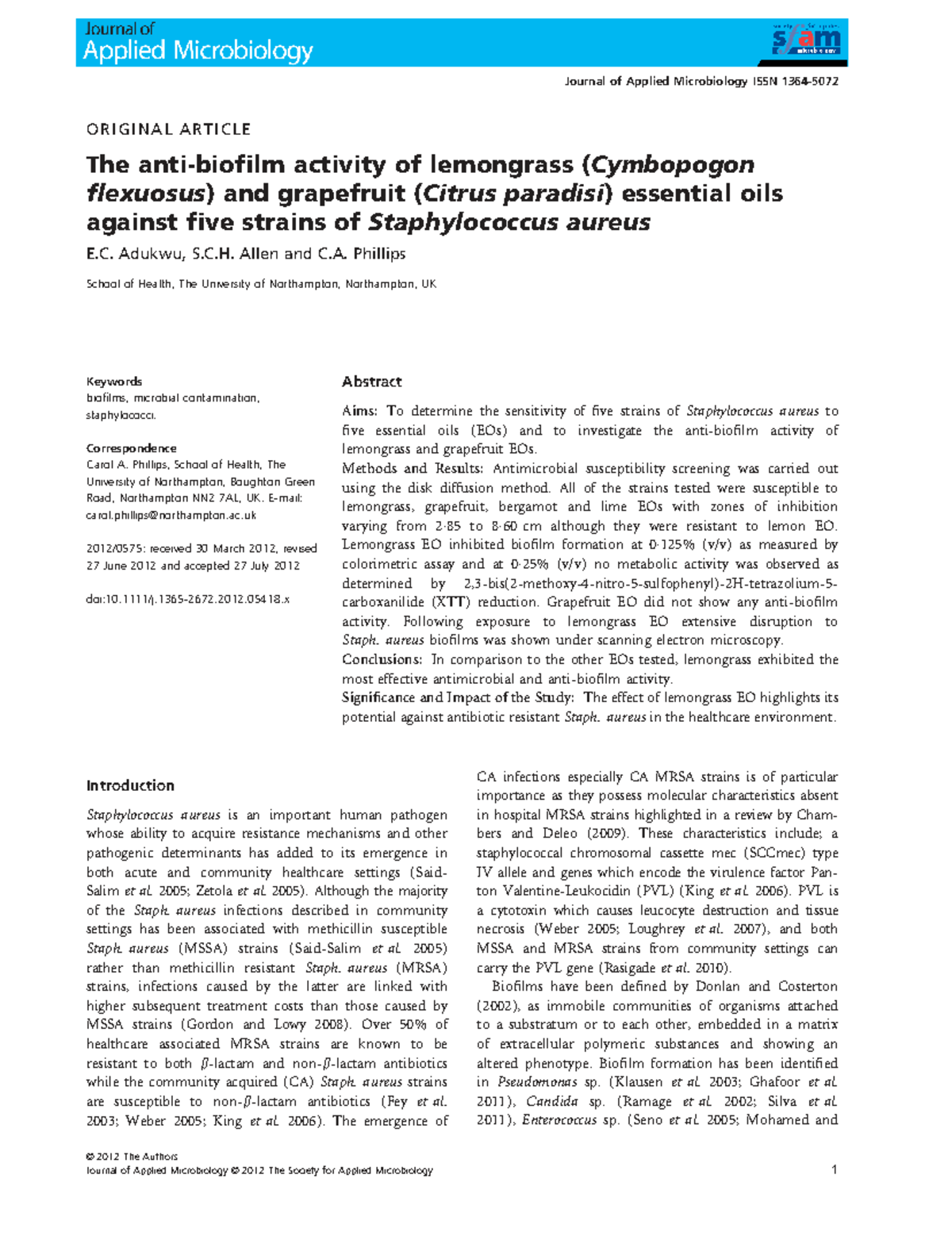 Essential Oils and Their Antimicrobial Activity Against Staphylococcus ...