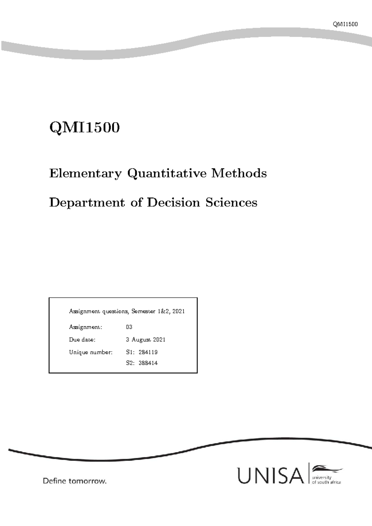 QMI1500 Semester 1 Assignment 03: Elementary Quantitative Methods - Studocu
