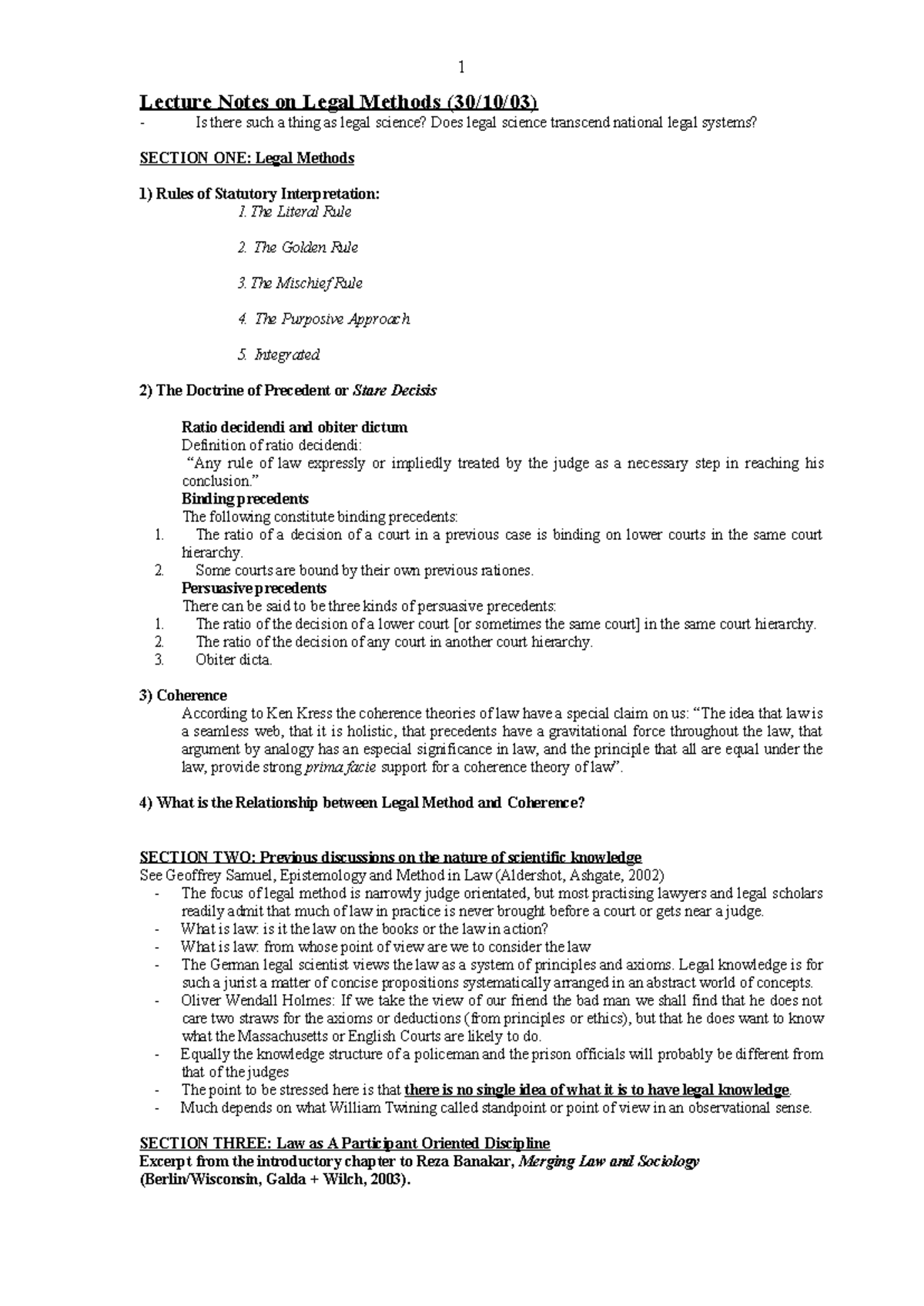 Legal Methods Lecture Notes: Exploring Legal Science and Coherence ...