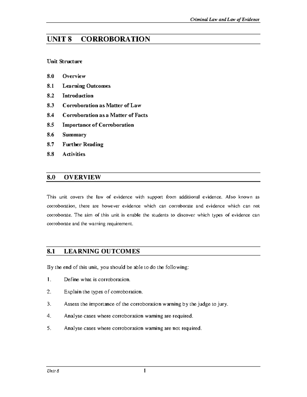 Criminal Law and Law of Evidence: Unit 8 Corroboration Analysis - Studocu