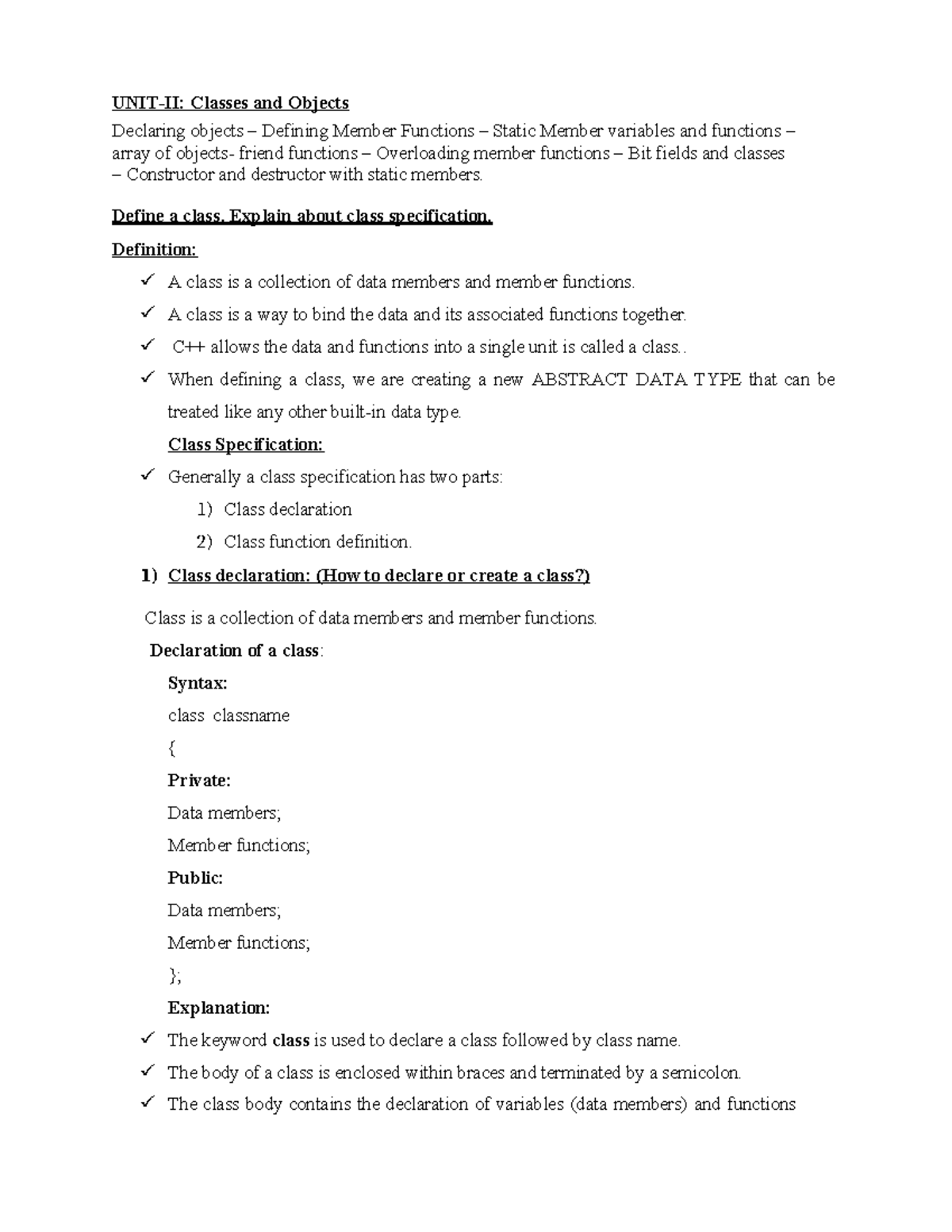 UNIT-2-C++: Comprehensive C++ Class and Object Notes - Studocu
