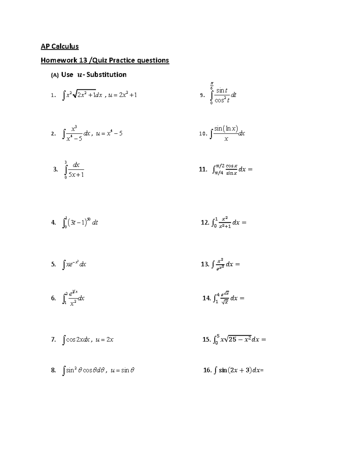 AP Calculus Homework 13: Quiz Practice on Substitution & Division - Studocu