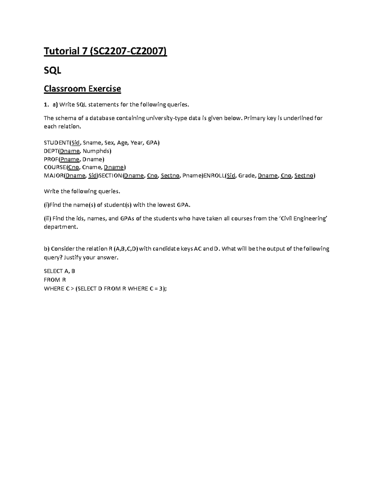 Tutorial 7 SQL Queries and Database Exercises - Studocu