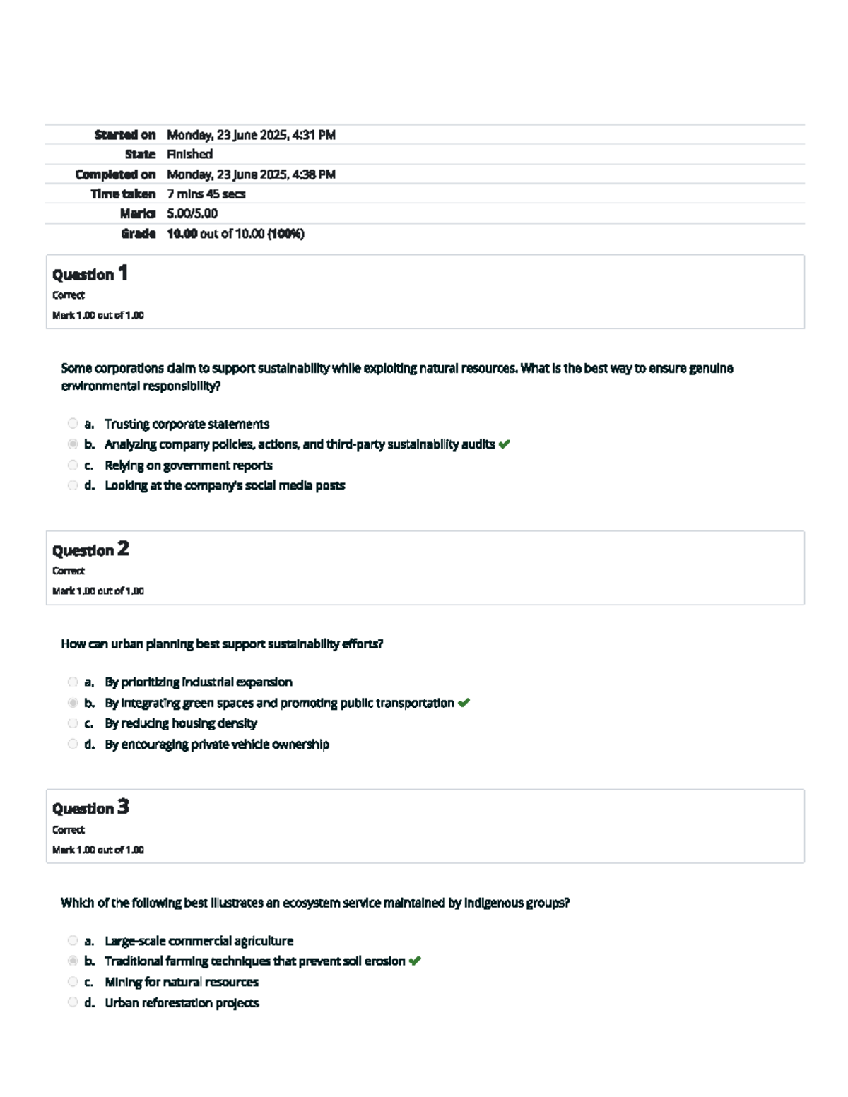 Self-Quiz Unit 1: Sustainability Practices and Ecosystem Services - Studocu