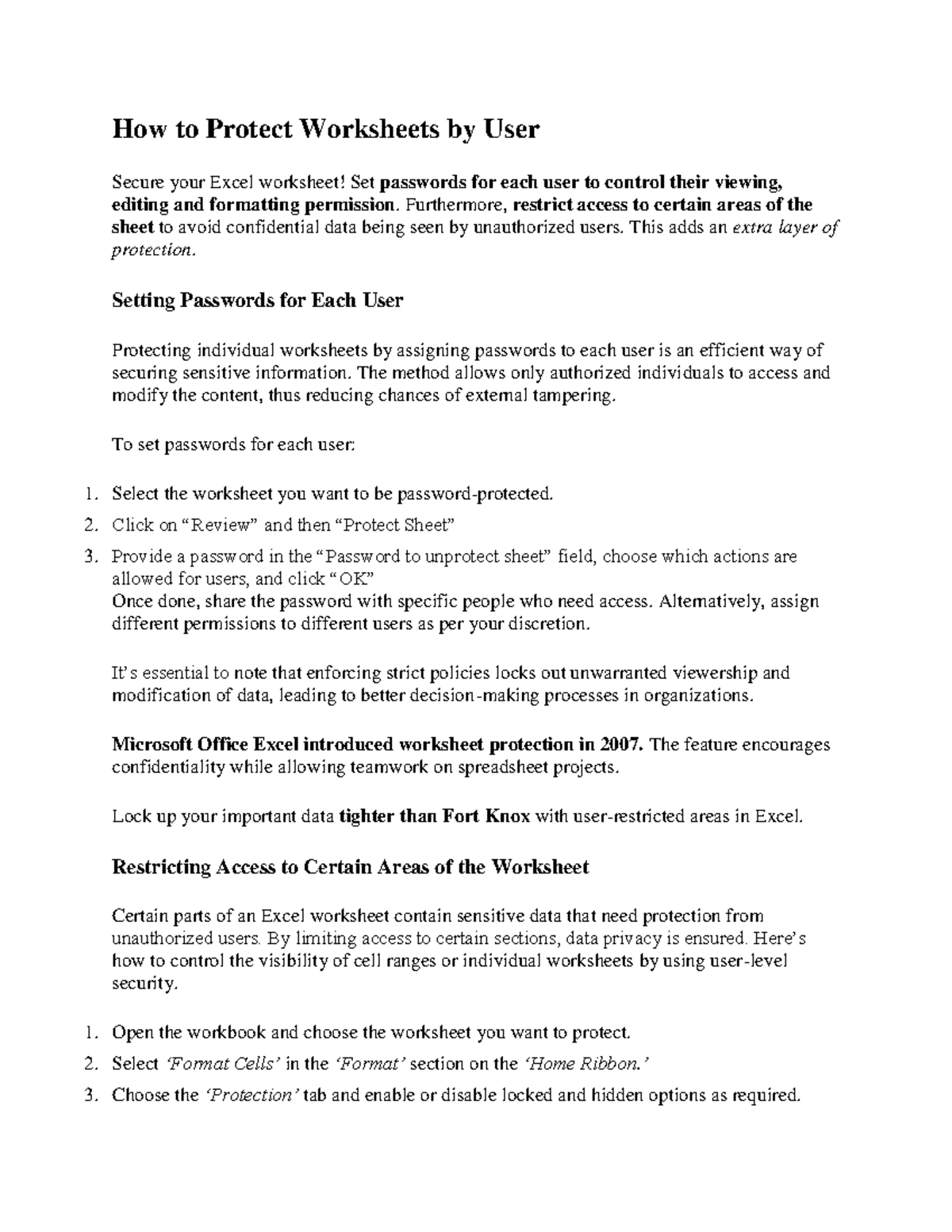 How to Protect Worksheets by User - Furthermore, restrict access to certain areas of the sheet ...