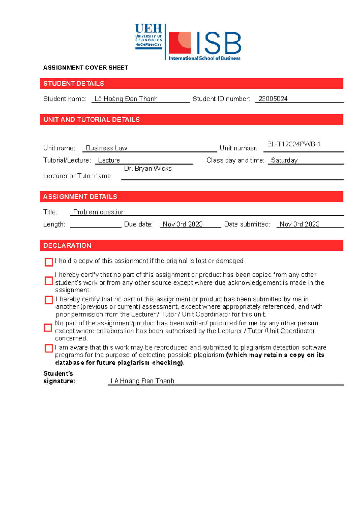 BL - problem question - havefun - ASSIGNMENT COVER SHEET STUDENT ...