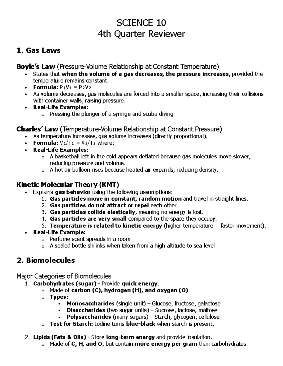 Science 10 Q4 Reviewer: Gas Laws, Biomolecules & Chemical Reactions ...