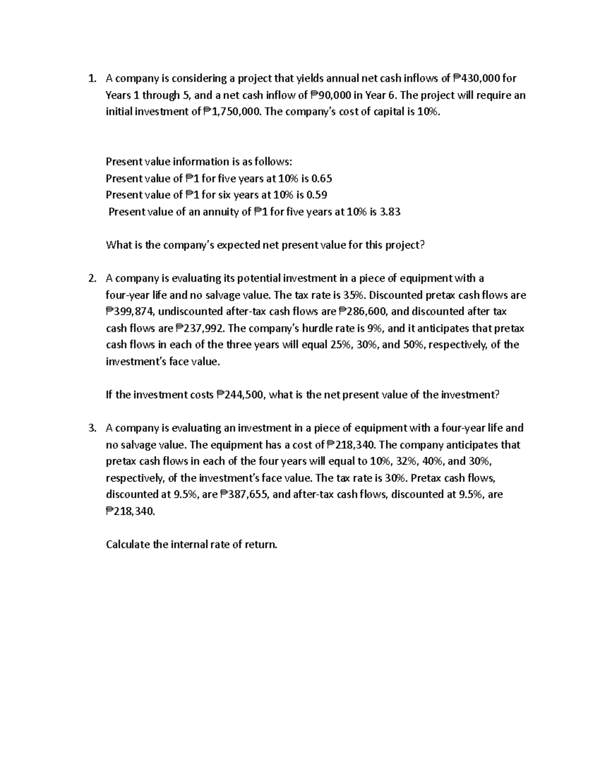 QUIZ 1 - Net Present Value & Internal Rate of Return Analysis - Studocu