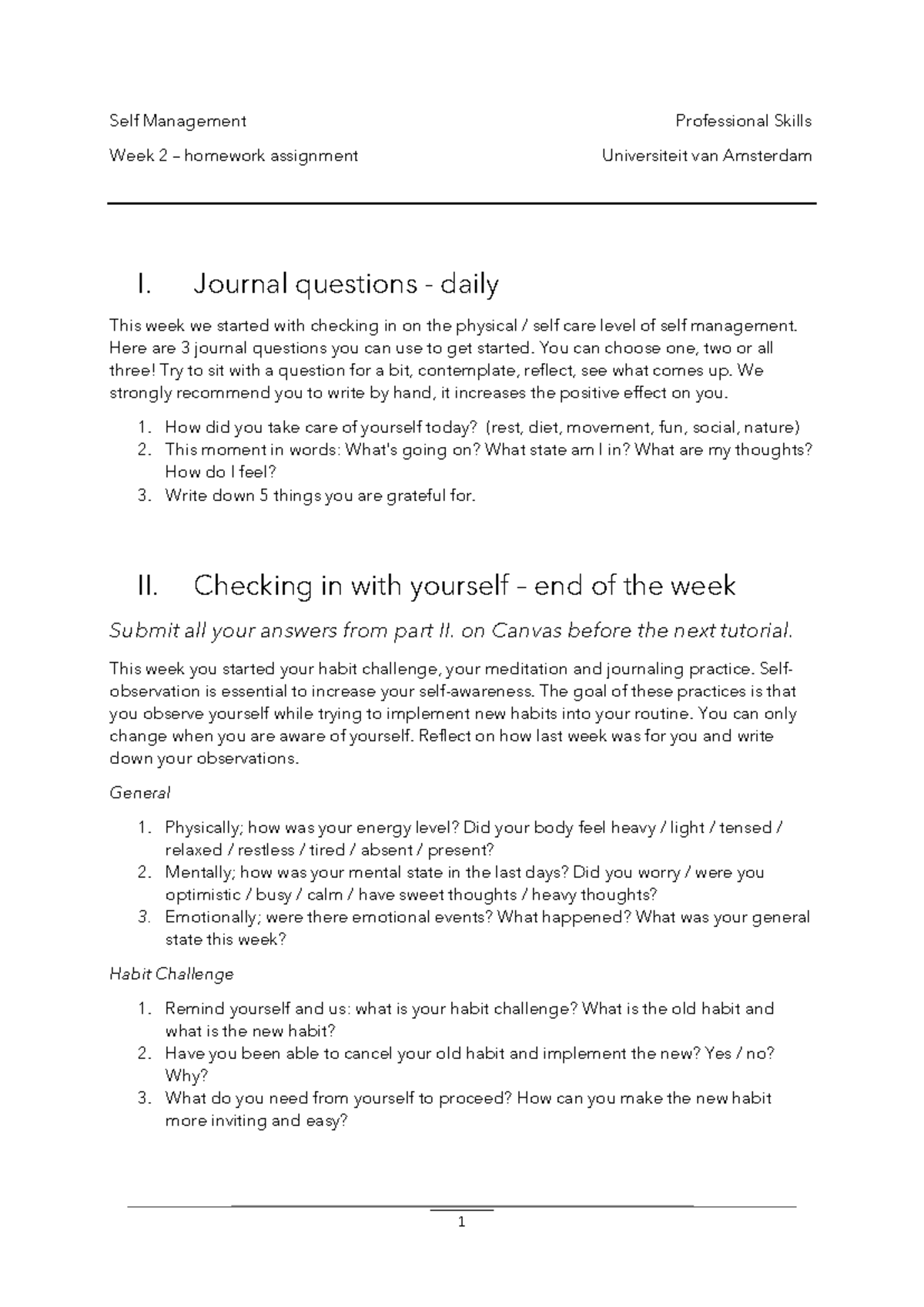 Self Management Skills Week 2: Journal & Reflection Assignment ...