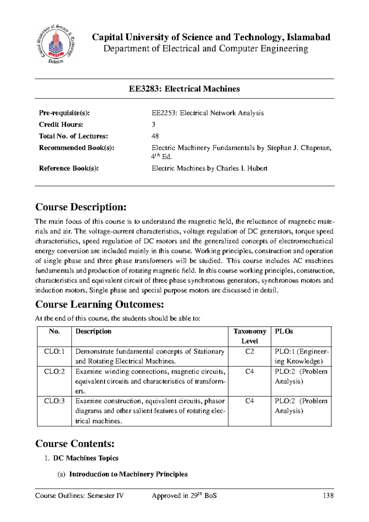EE3283: Electrical Machines Course Outline and Road Map - Studocu
