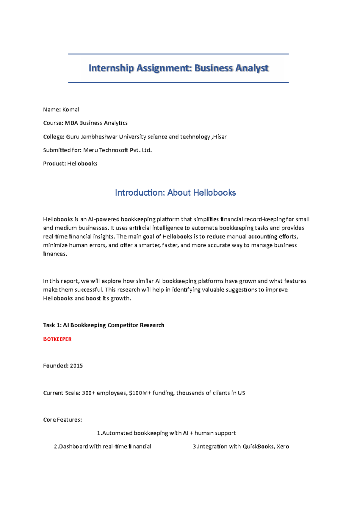 MBA Internship Assignment: Business Analyst Report on Hellobooks - Studocu