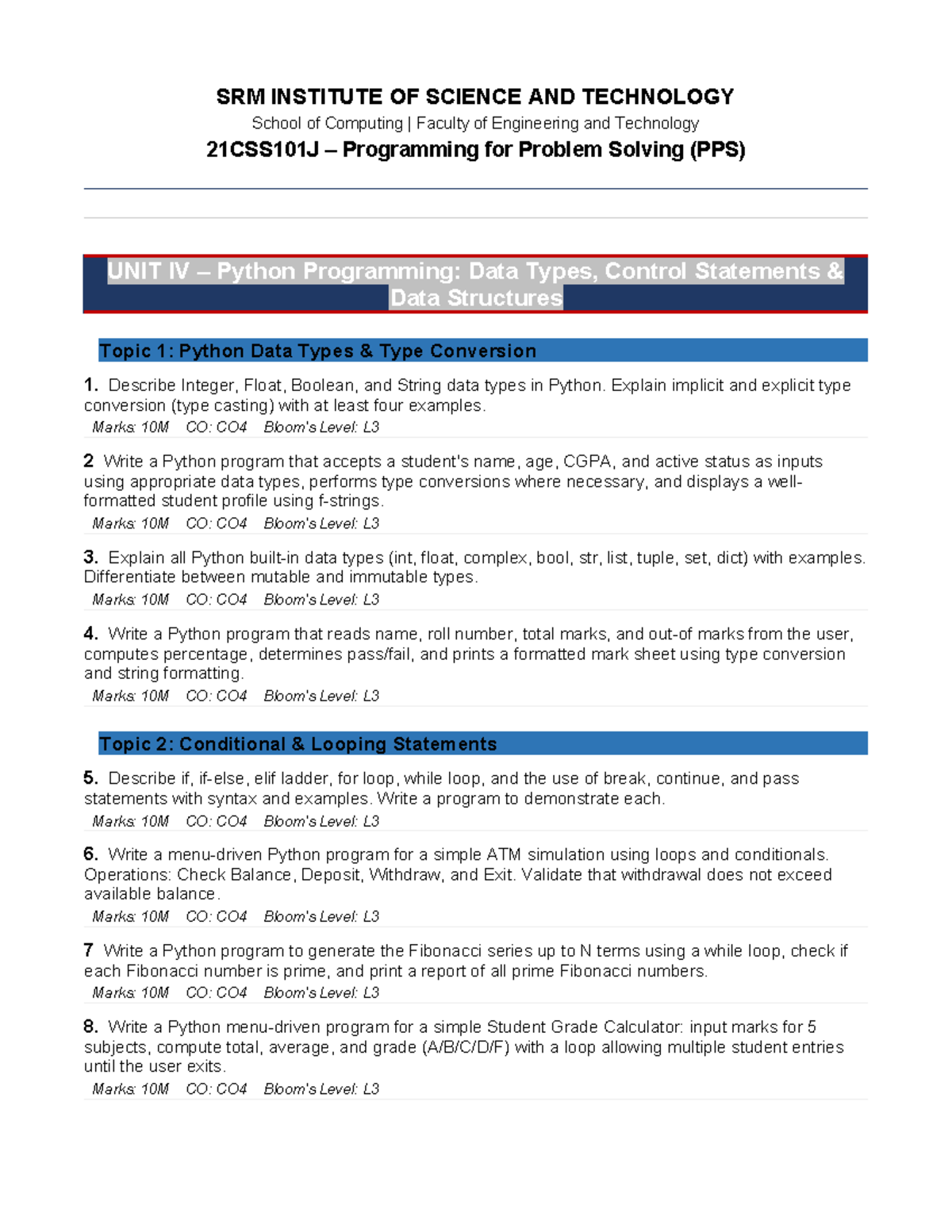 PPS 21CSS101J Unit IV Python Programming: Data Types & Control ...
