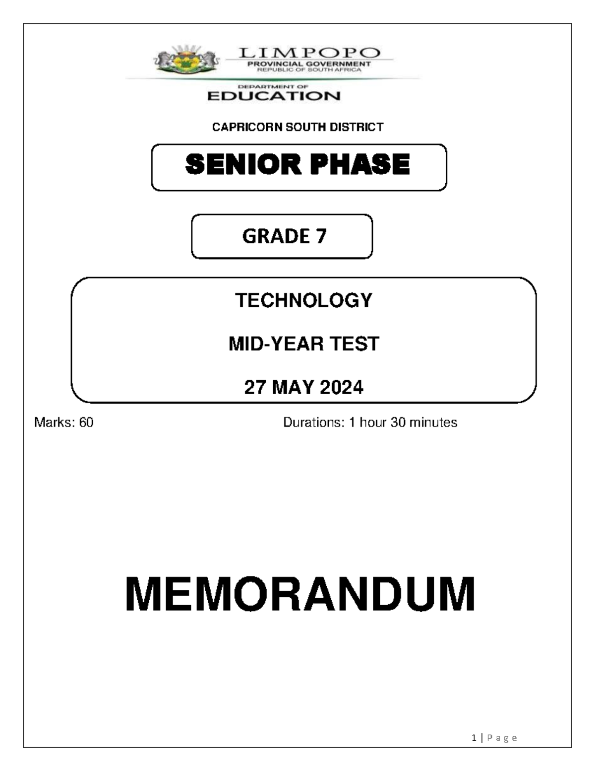 Grade 7 TECH MID-YEAR TEST MEMO 2024 - CAPRICORN SOUTH DISTRICT - Studocu