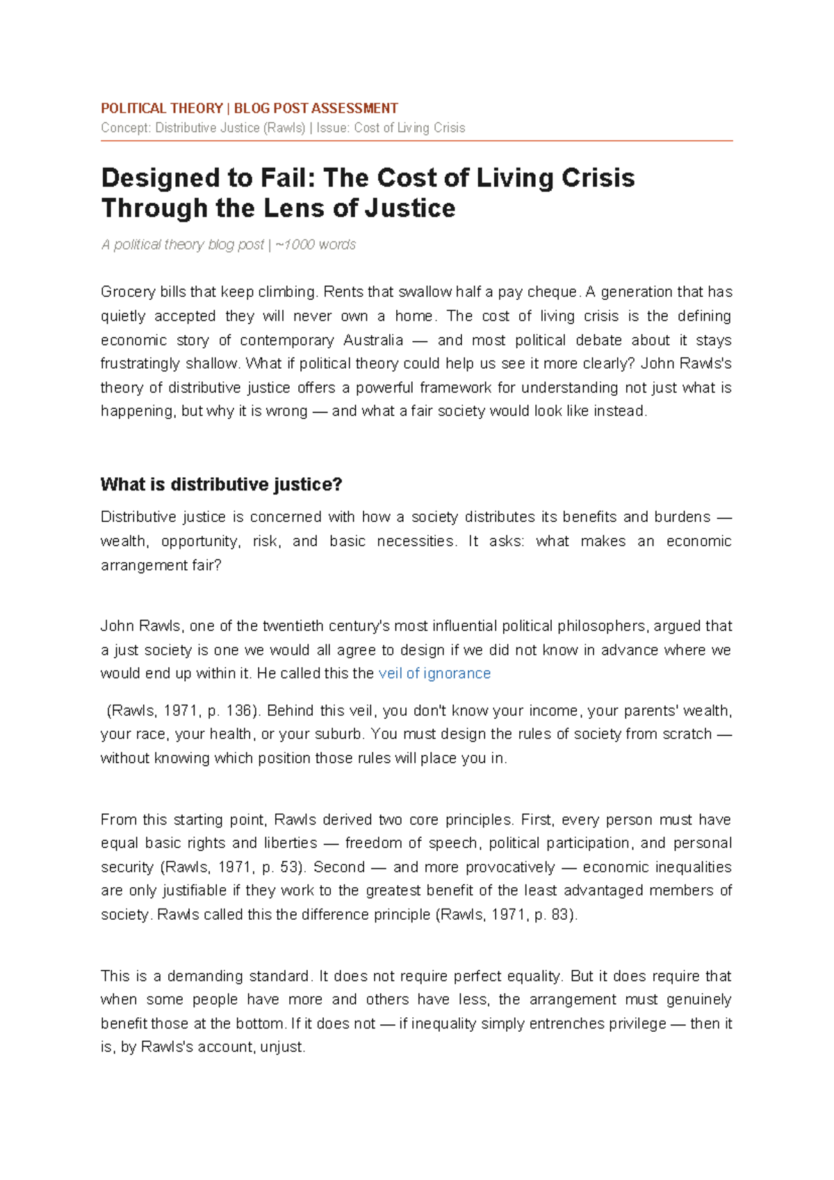 POLITICAL THEORY ASSESSMENT: Distributive Justice & Cost of Living ...