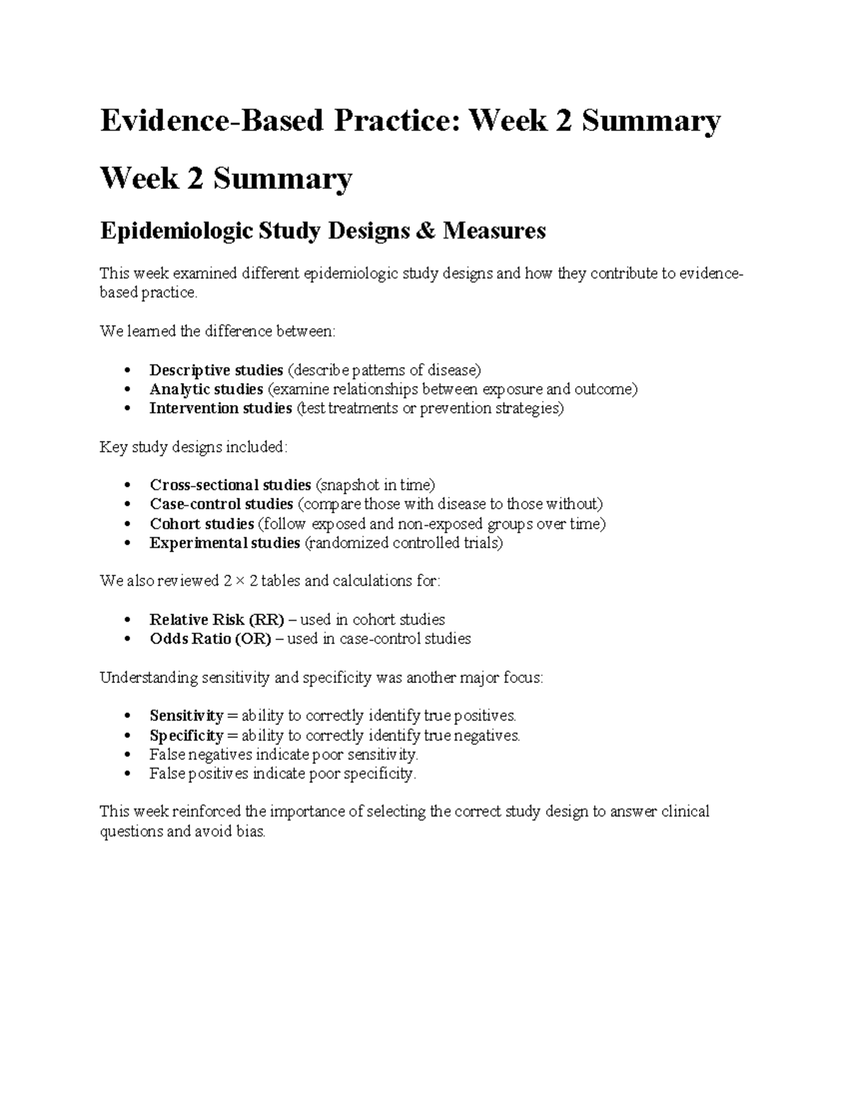Evidence Based Practice: Week 2 Summary on Epidemiologic Designs - Studocu