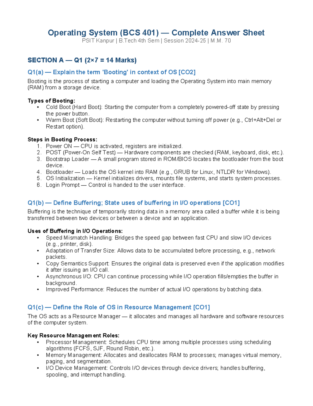 Operating System (BCS 401) Comprehensive Answer Sheet - Studocu