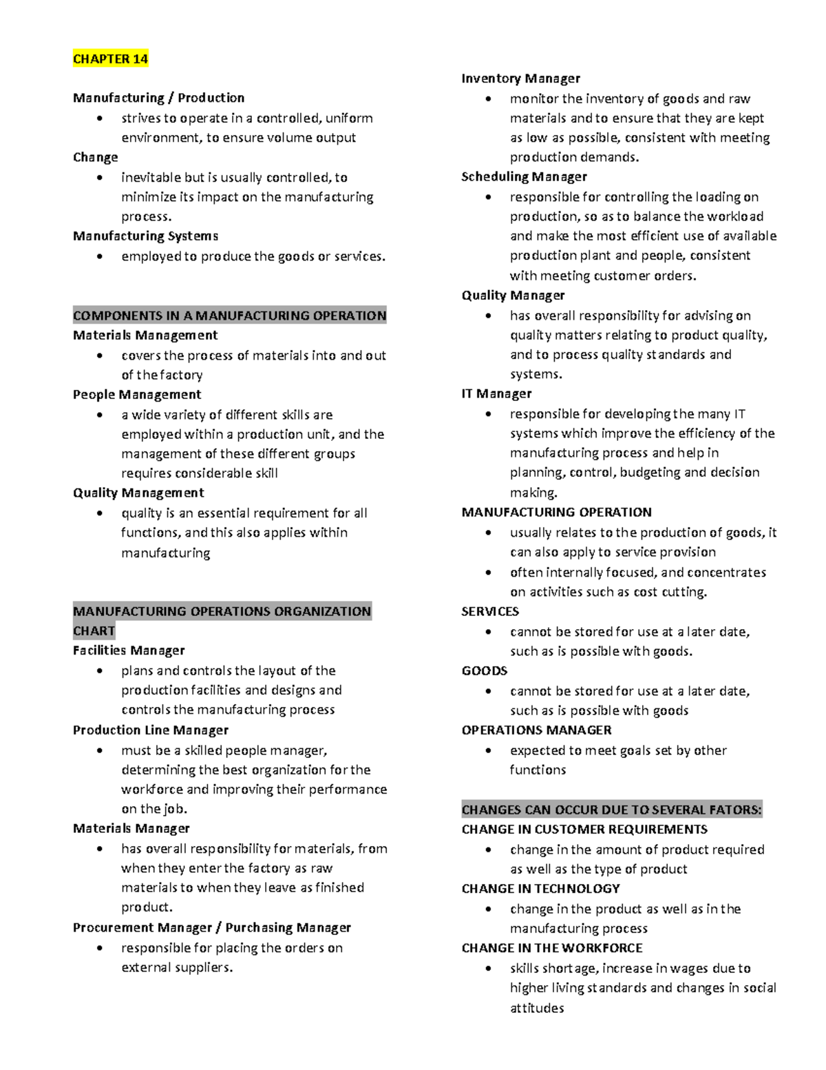 CHAPTER 14: Manufacturing Production and Operations Management - Studocu