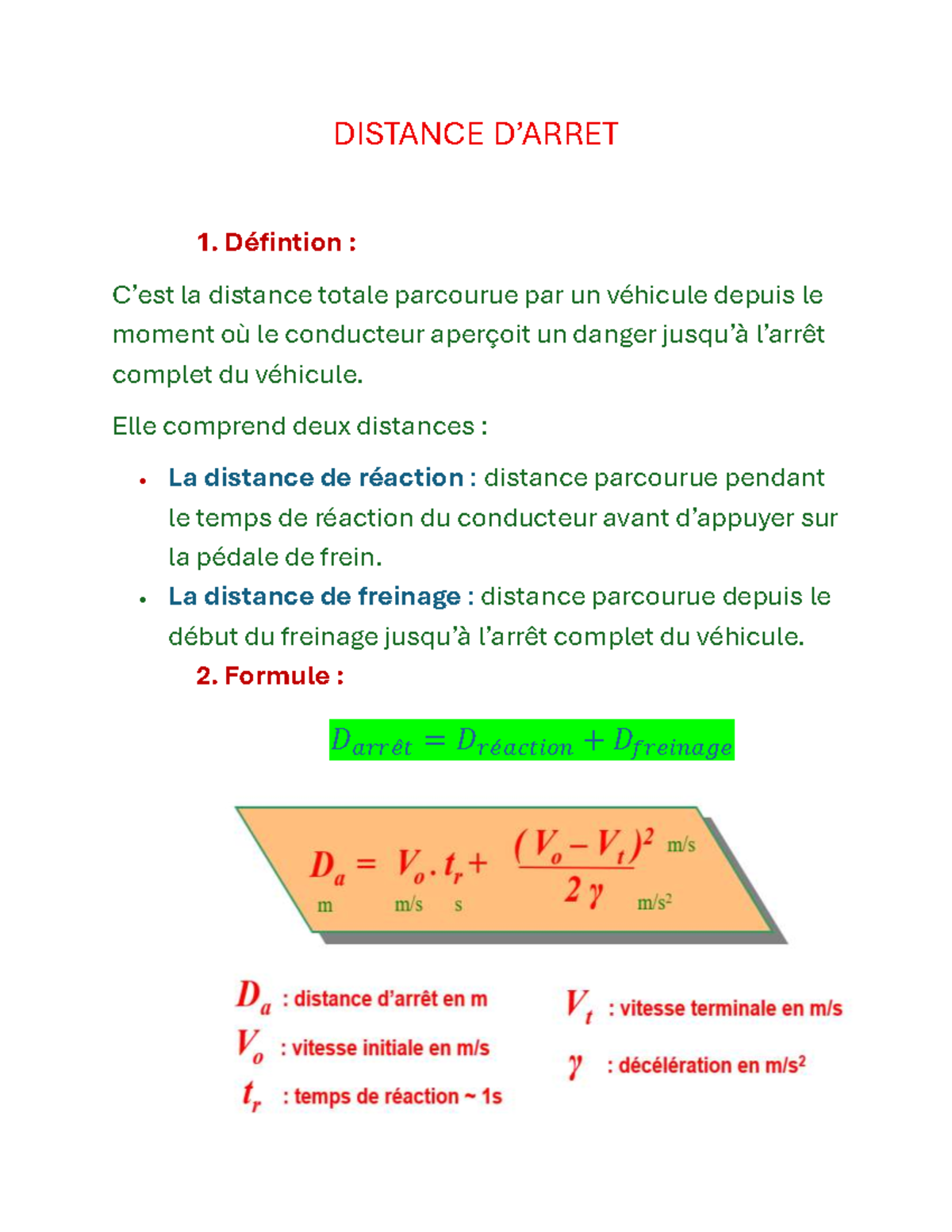 Distance d'Arrêt - Définition et Formule - Studocu