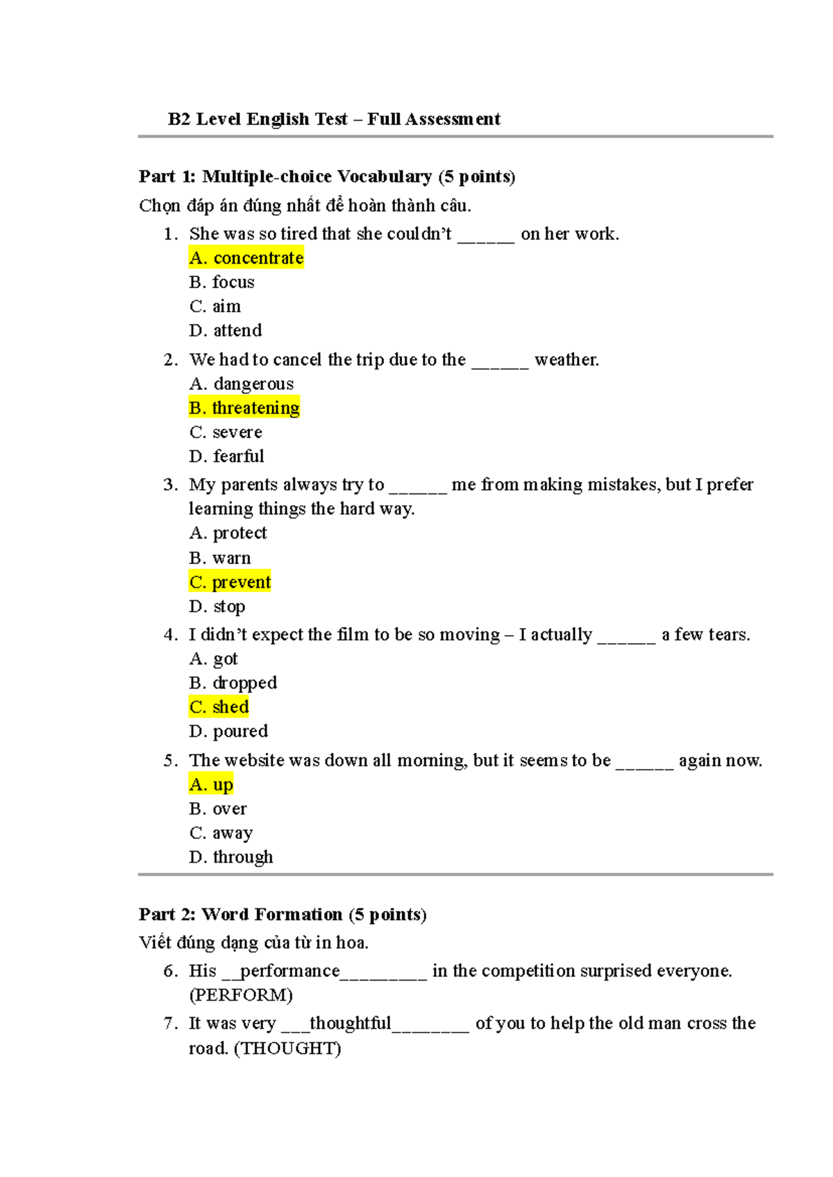 B2 Level English Test Full Assessment: Vocabulary & More - Studocu