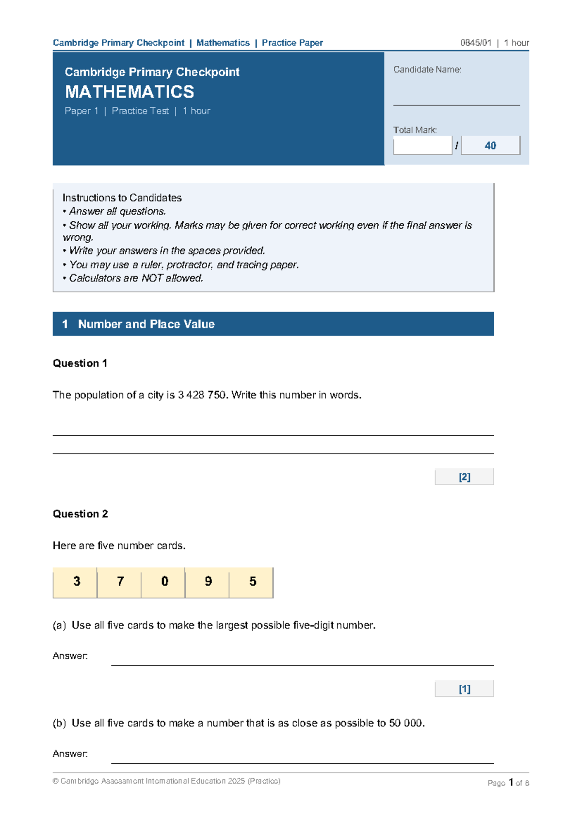 Cambridge Primary Checkpoint Mathematics Practice Paper 0845 - Studocu