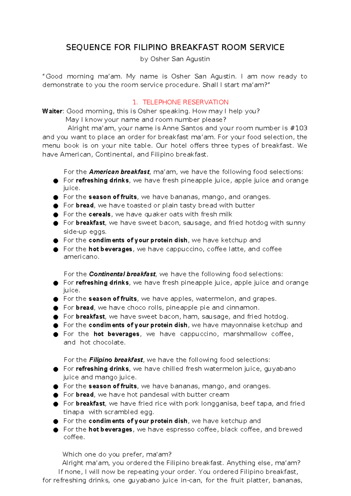 Filipino Breakfast Room Service Procedure NCII Guide - Studocu