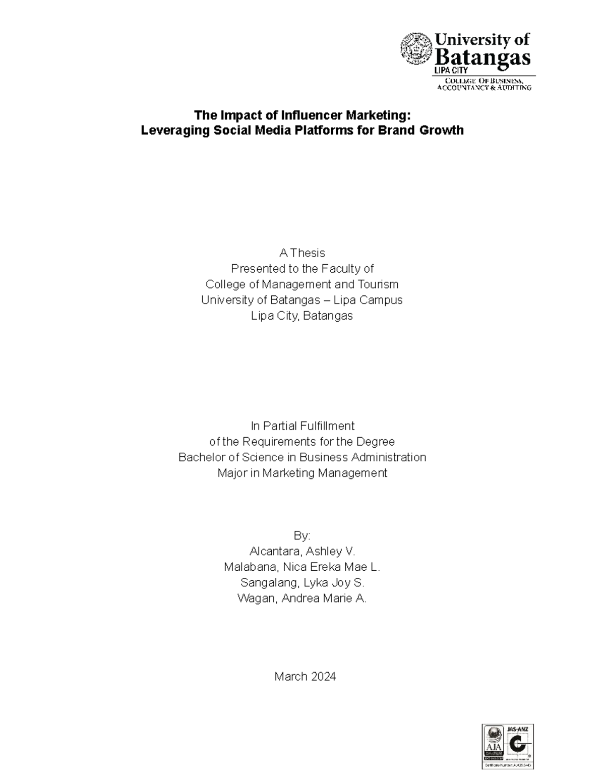 BSBA Marketing Management Research Questionnaire on Influencer Impact ...