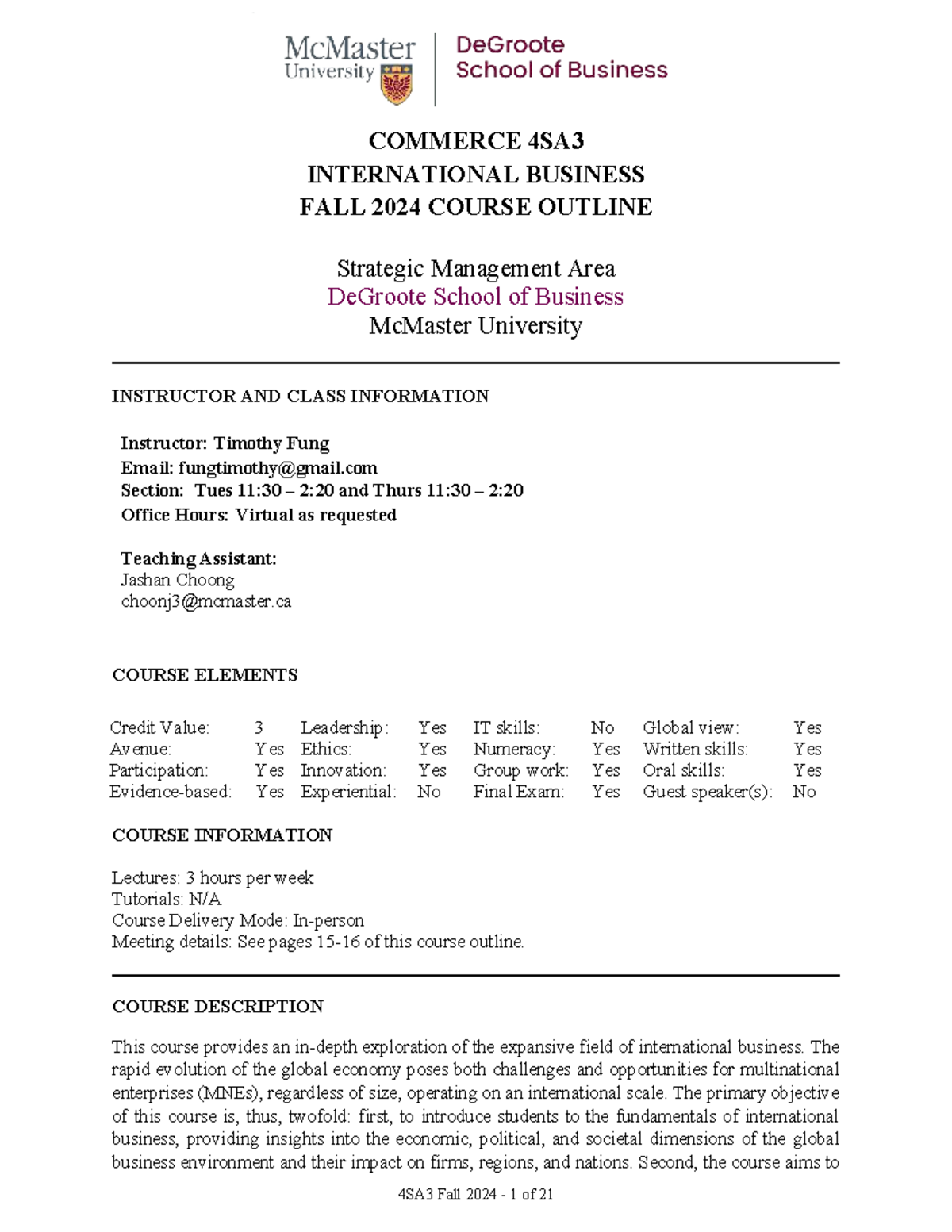 International Business Course Outline 4SA3 - Fall 2024 - Studocu