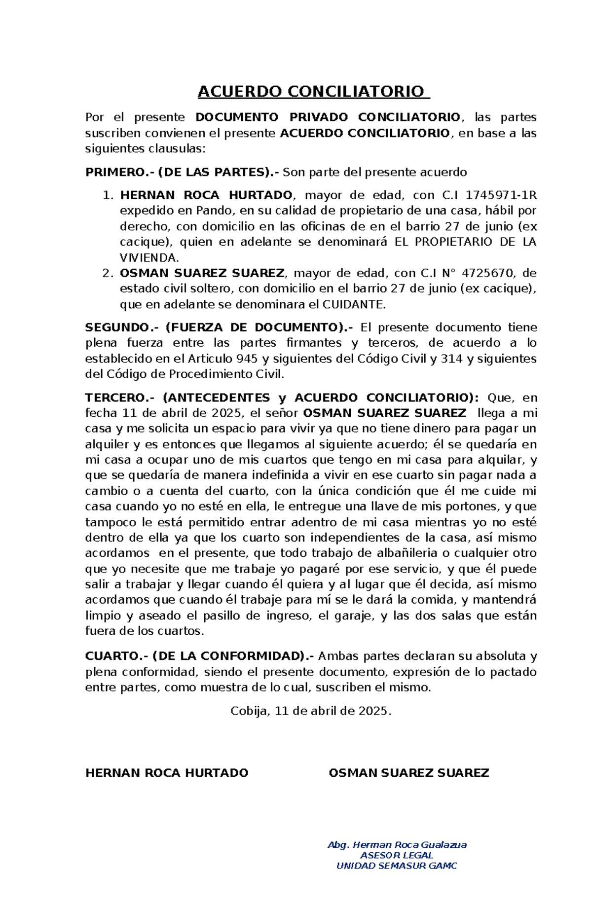 ACUERDO CONCILIATORIO ENTRE HERNAN ROCA Y OSMAN SUAREZ - Studocu