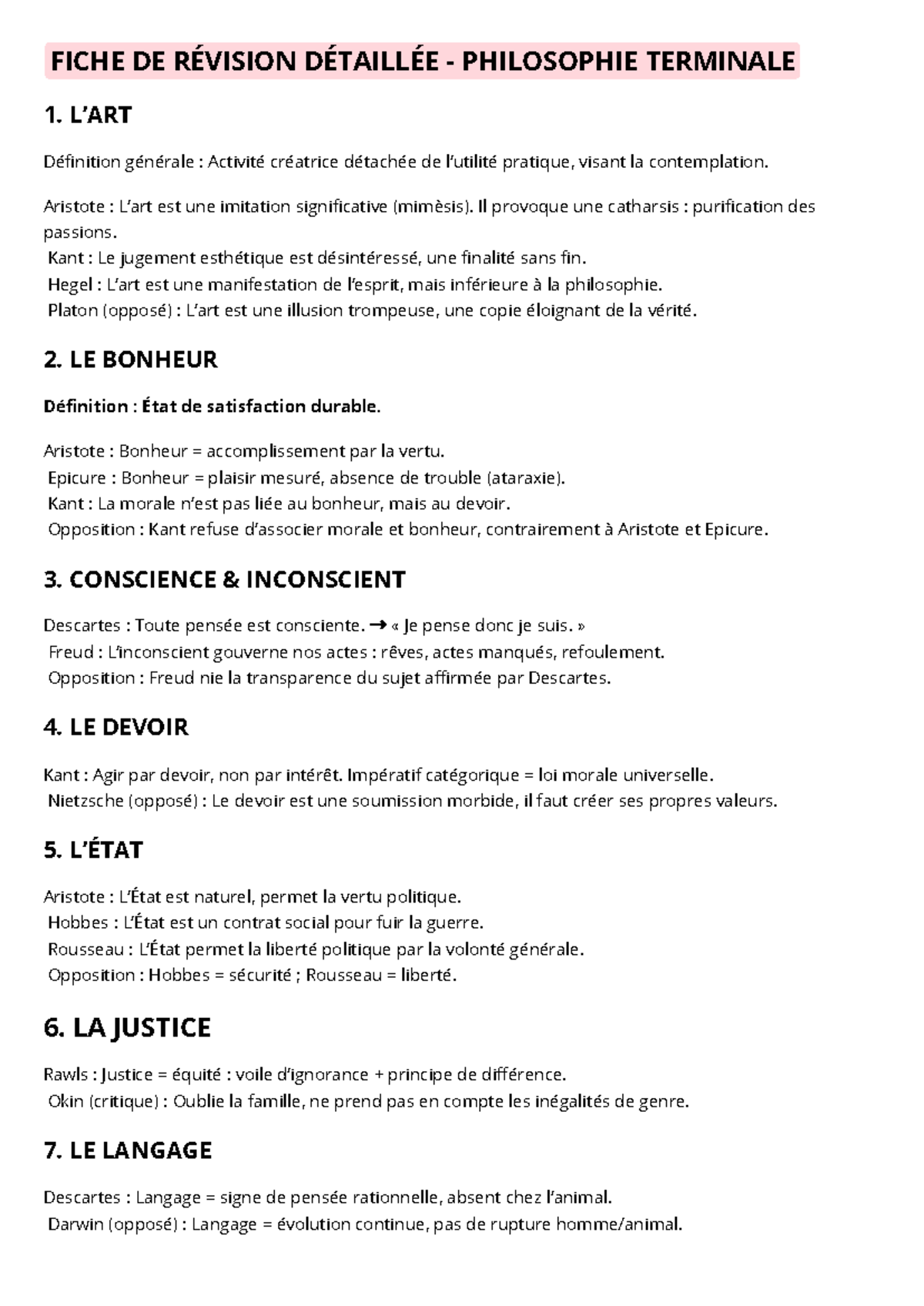 FICHE DE RÉVISION PHILOSOPHIE TERMINALE : Concepts Clés et Théories ...