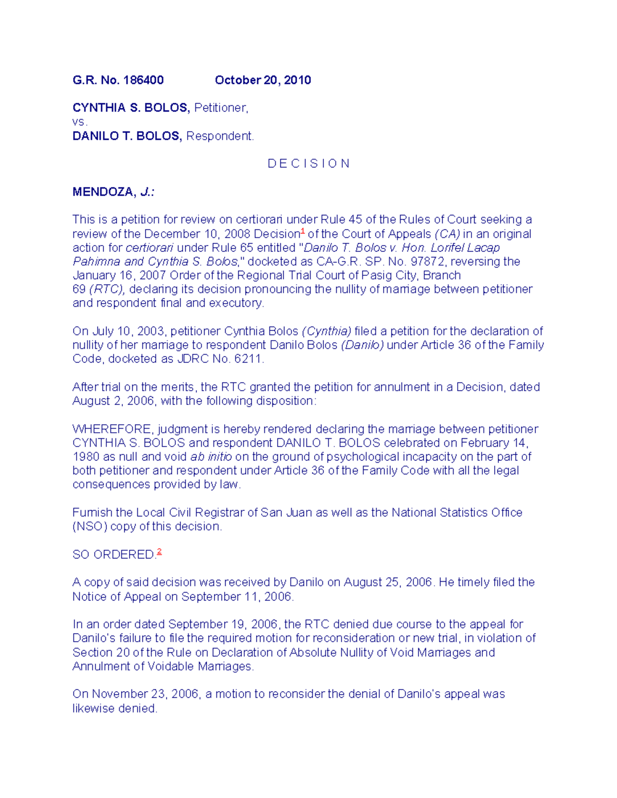 G.R. No. 186400: Supreme Court Decision on Marriage Nullity Case - Studocu