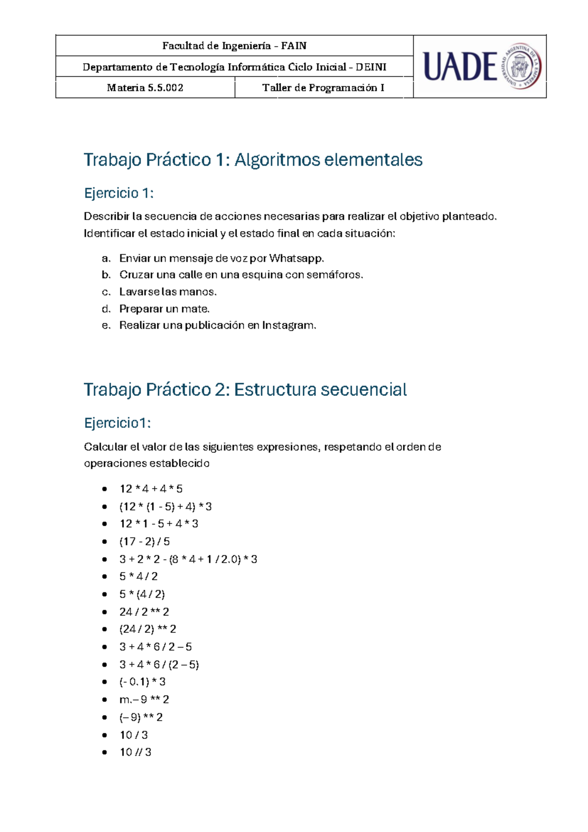 Guía de Ejercicios Taller de Programación I - FAIN DEINI 5.5.002 - Studocu