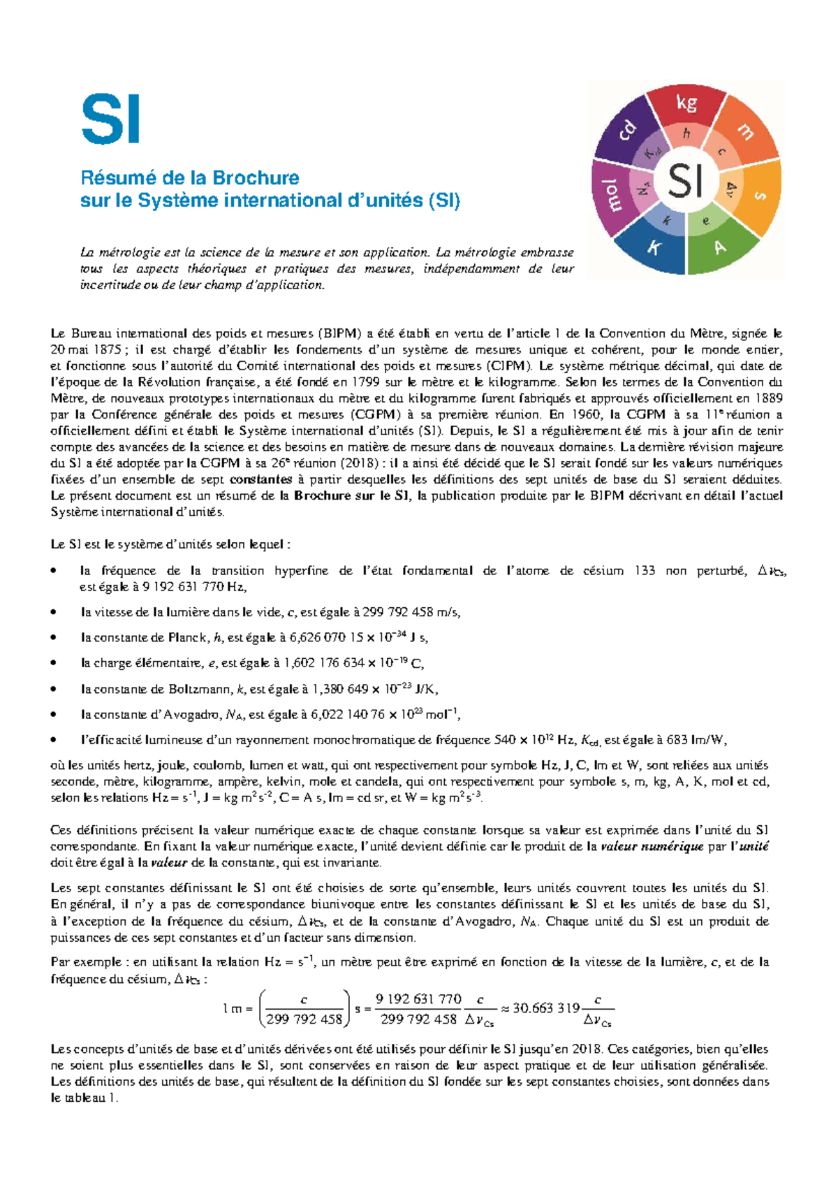 Résumé de la Brochure SI 2018 - Système International (SI) - Studocu