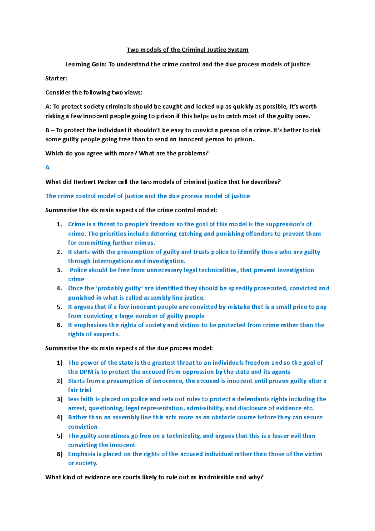 Criminal Justice System Models: Crime Control vs. Due Process - Studocu