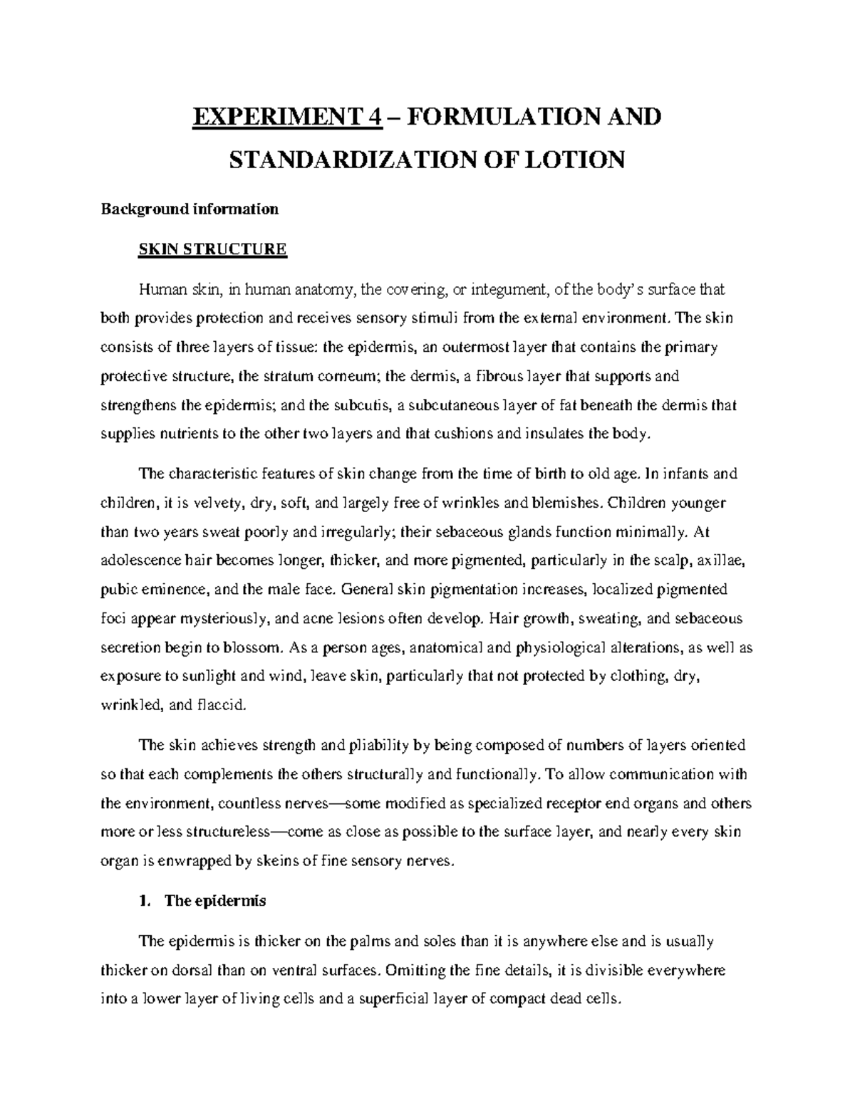 Cos Lab 4: Formulation & Standardization of Lotion - Studocu