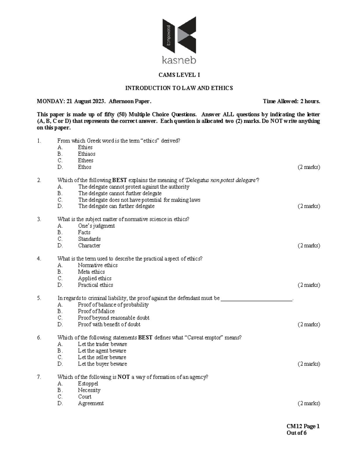 CAMS LEVEL I LAW AND ETHICS: MULTIPLE CHOICE QUESTIONS PAPER - Studocu