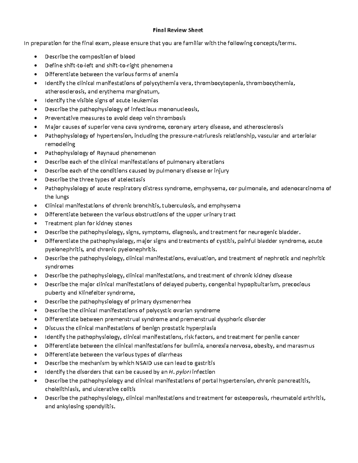 HPR 301 Final Exam Review Sheet: Key Concepts and Terms for Study - Studocu