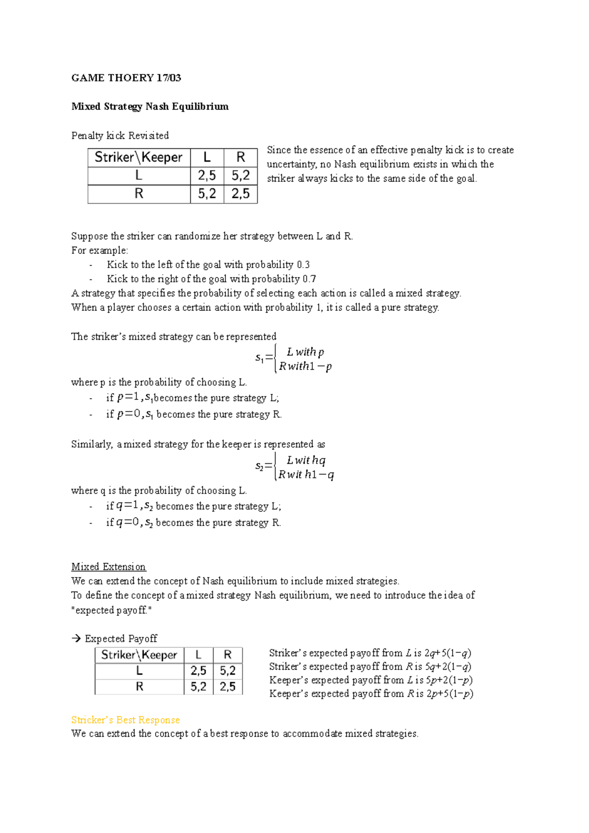 GAME THEORY 17:03 - Mixed Strategy Nash Equilibrium Notes - Studocu