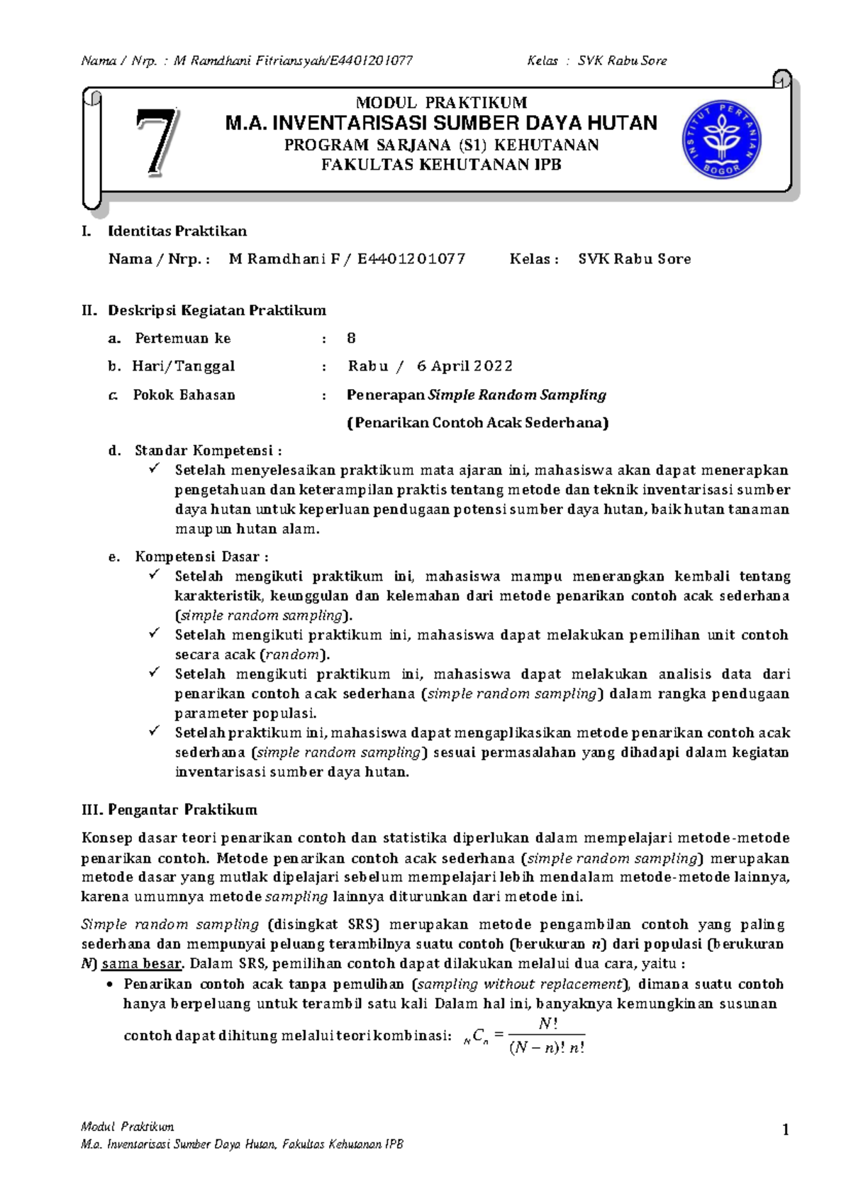 Penerapan Simple Random Sampling dalam Praktikum Kehutanan S1 - Studocu