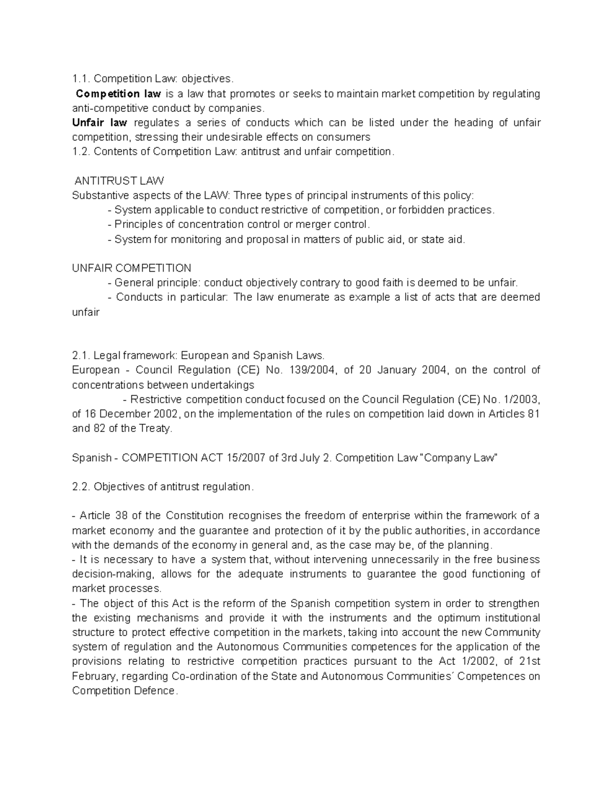 LAW - Summary of Competition Law Objectives and Regulations - Studocu
